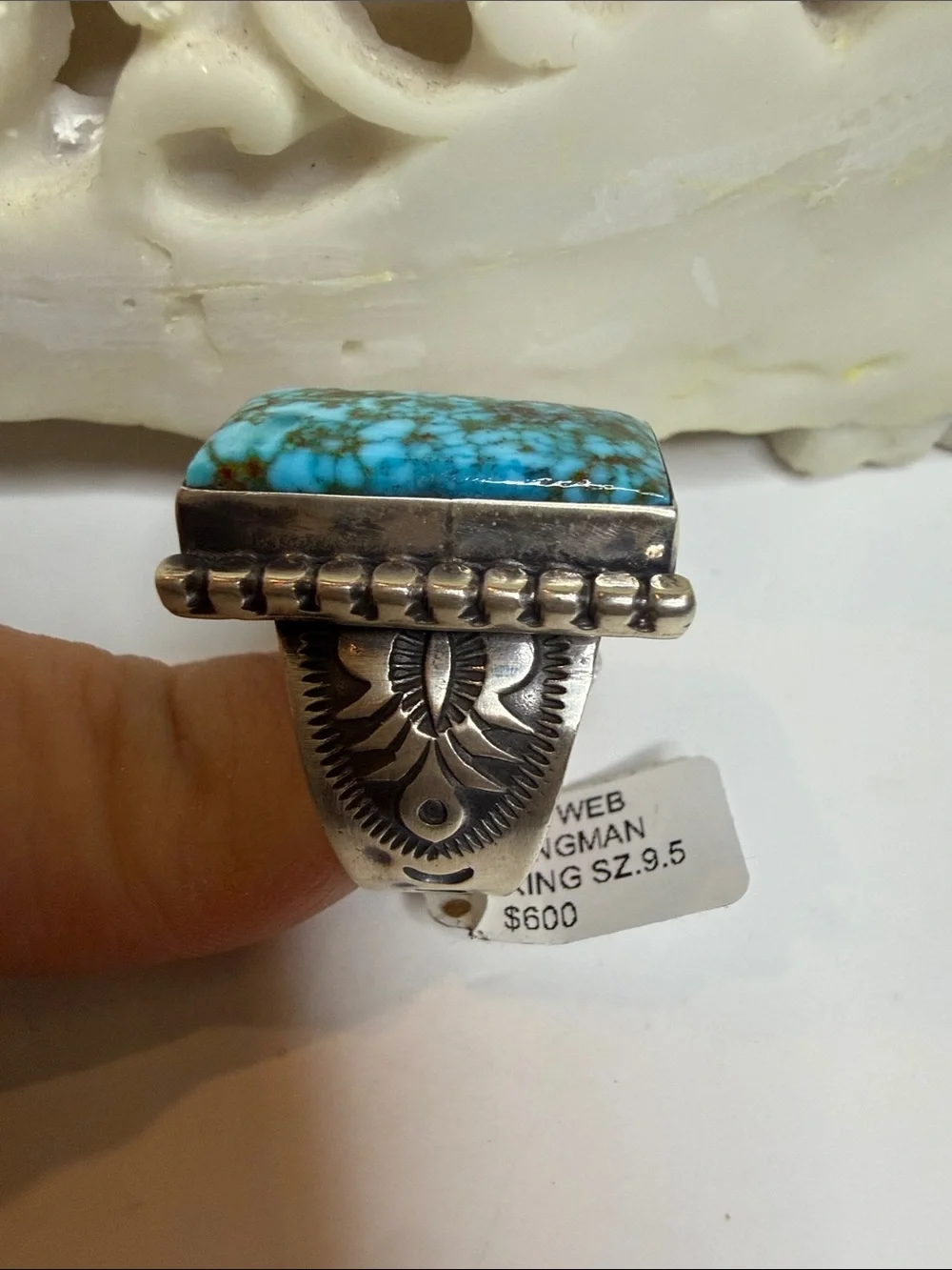 Sterling Silver Turquoise Web Kingman Sz 9.5 Stamped by Samuel Yellowhair Navajo